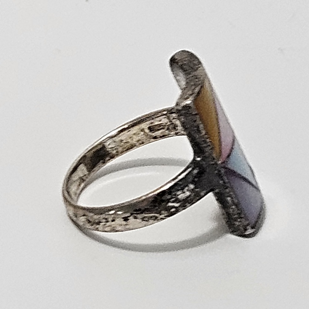 Vintage Mother of Pearl Mosaic Sterling Silver Ring Pastel Geometric 925 Size 8 - Picture 5 of 7